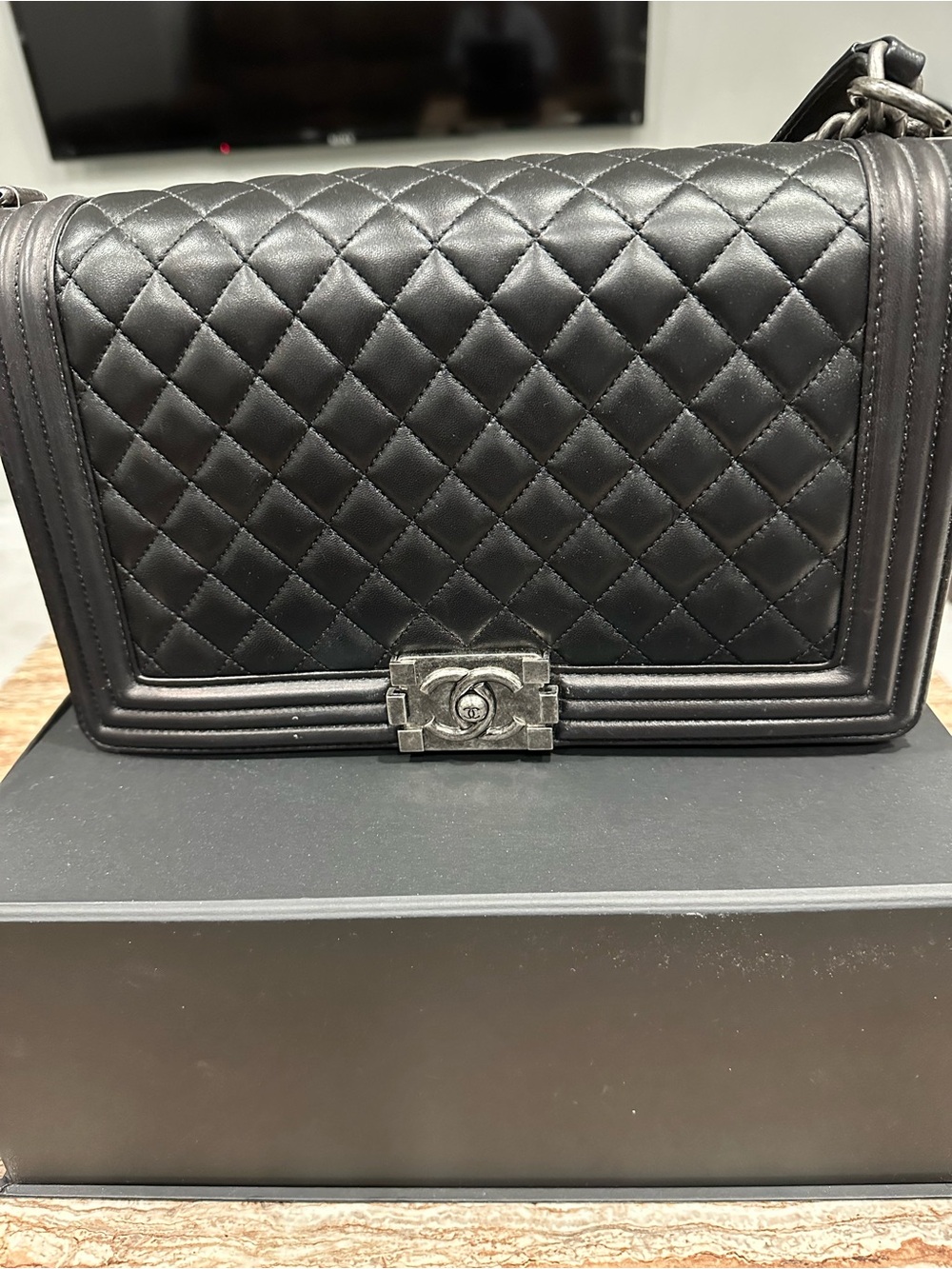 CHANEL Black Quilted Leather Boy Bag with Silver Hardware